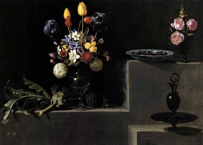 HAMEN, Juan van der Still Life with Flowers, Artichokes, Cherries and Glassware oil painting image